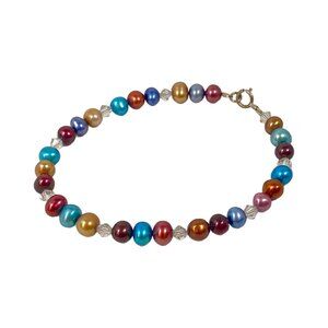 Pearl Beaded Bracelet 7" Sterling Silver 925 Multicolor Natural Crystal Vintage